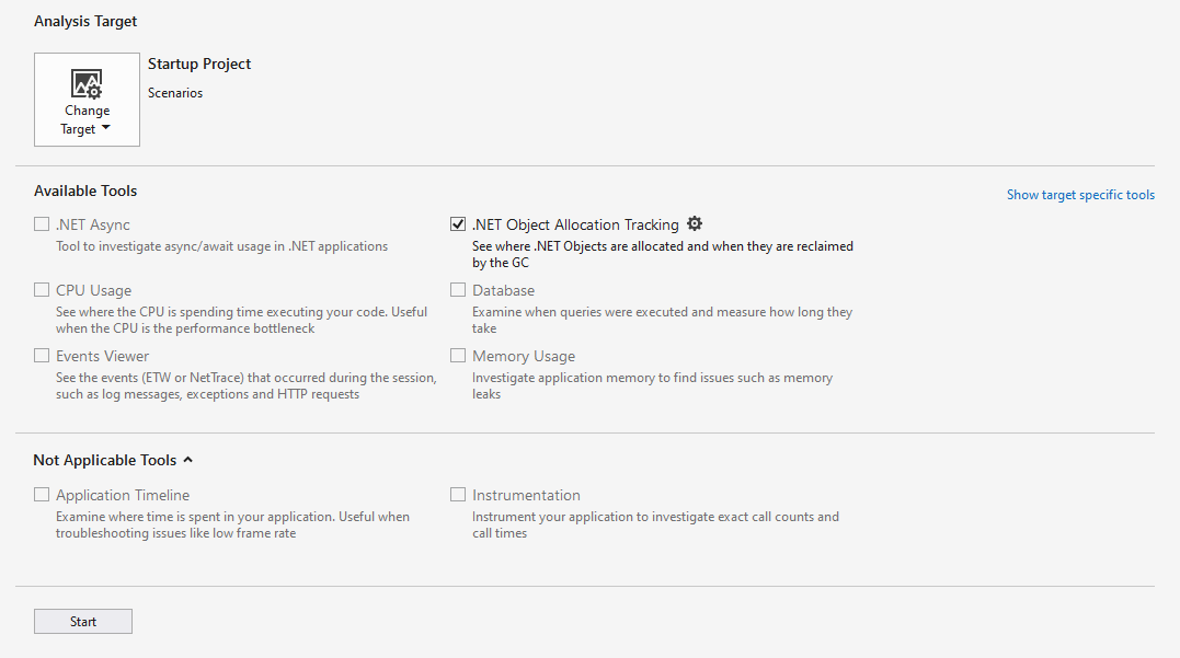 Dotnet 개체 할당 추적 도구 선택됨 선택된 Dotnet 개체 할당 추적 도구의 스크린샷.