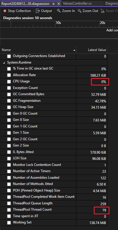 .NET 카운터 도구에 표시된 카운터의 스크린샷