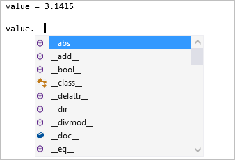 Visual Studio 편집기의 개인 dunder 구성원 완료 유형을 보여 주는 스크린샷.