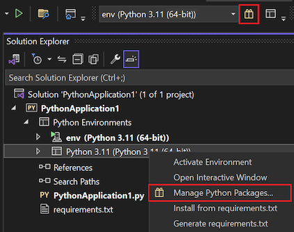 Screenshot that shows how to access the Manage Python packages option for an environment in Solution Explorer.