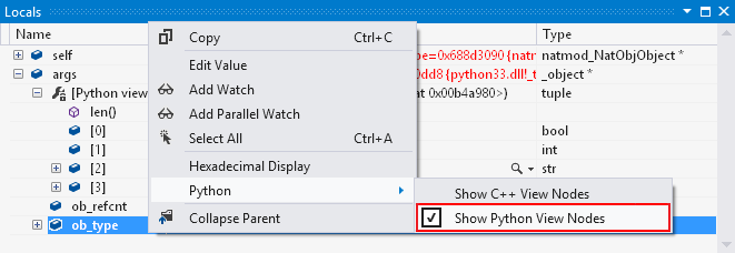 Enabling Python View in the Locals window