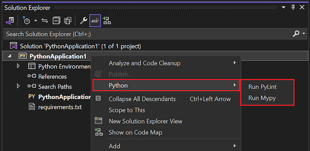 솔루션 탐색기에서 Python 프로젝트에 사용 가능한 린팅 명령을 보여 주는 스크린샷
