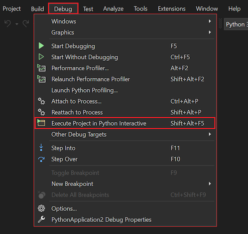 Visual Studio 2022의 Python 대화형 창 메뉴 옵션에서 디버그 실행 프로젝트를 사용하는 방법을 보여 주는 스크린샷.