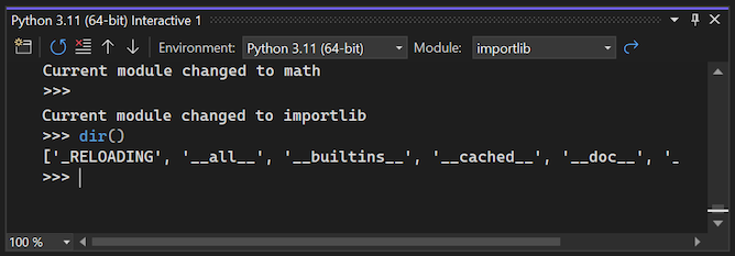 Visual Studio 2022의 importlib 범위에 대한 대화형 창의 출력을 보여 주는 스크린샷.
