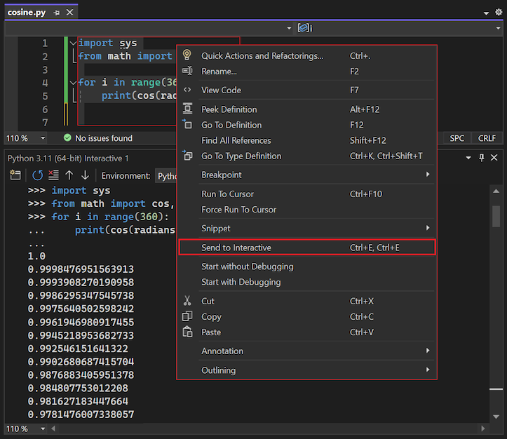 Visual Studio 2022에서 대화형으로 보내기 메뉴 옵션을 사용하는 방법을 보여 주는 스크린샷.