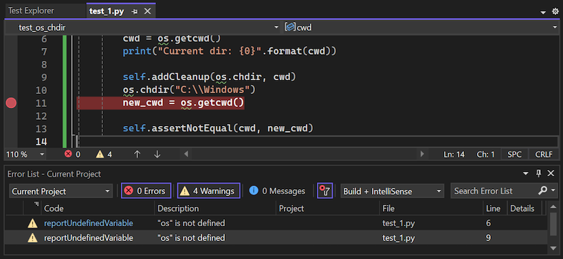 Visual Studio 2022 디버거를 사용하여 유닛 테스트를 디버그하는 방법을 보여 주는 스크린샷.