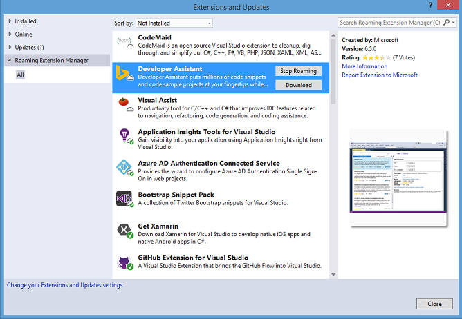 The new Roaming Extension Manager in the Visual Studio IDE