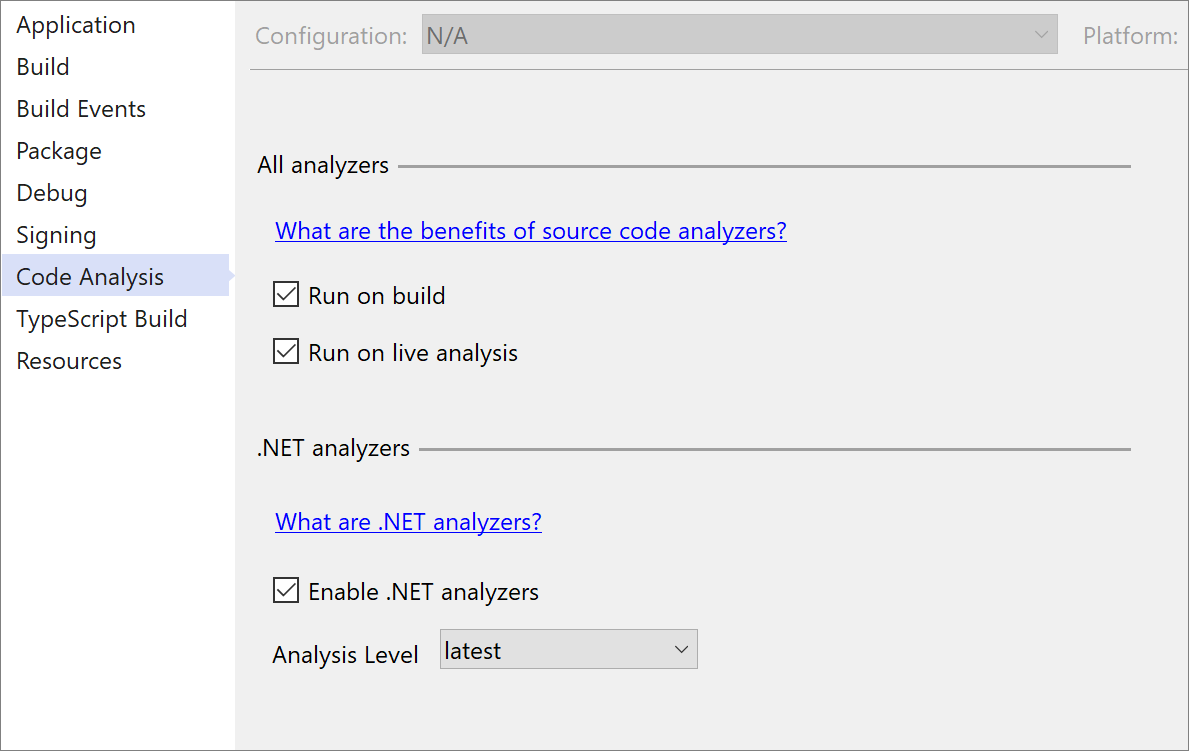 .NET 분석기를 사용하도록 설정하는 프로젝트 속성 창