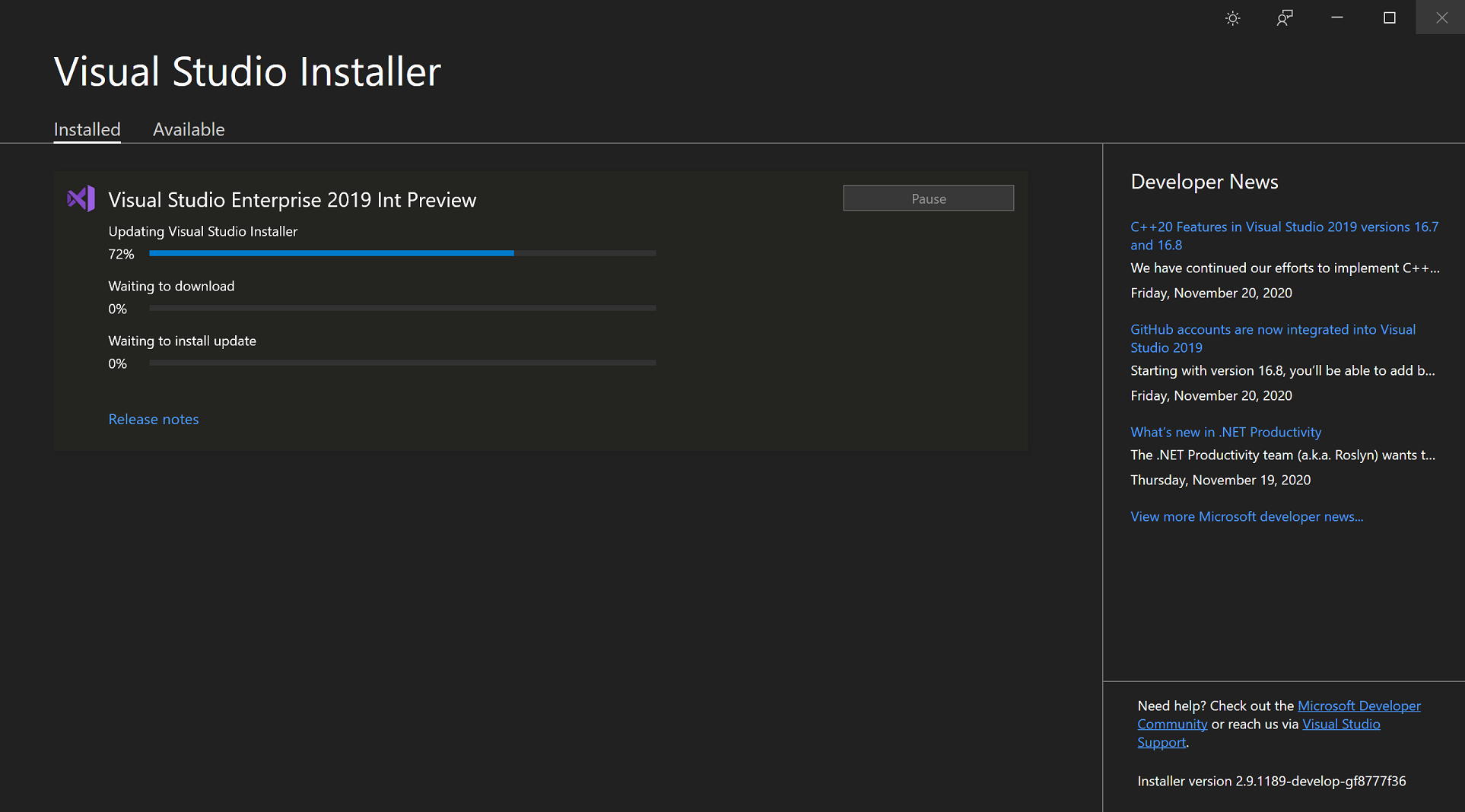 VS Installer with dark theme and inline installer update