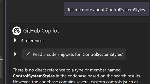 Copilot Chat 인터페이스에서 향상된 관련성과 정확도로 향상된 의미 체계 코드 검색 결과를 보여주는 스크린샷