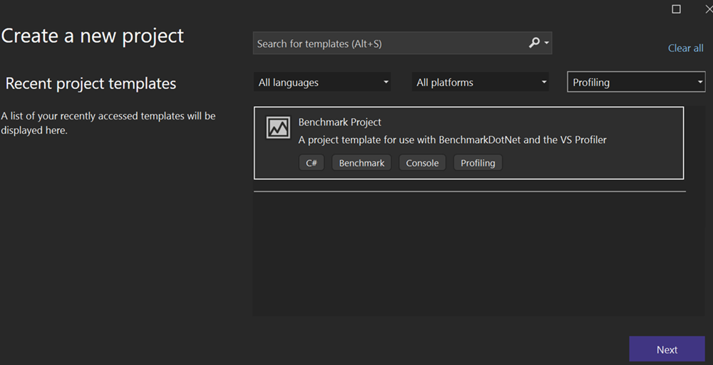  프로파일링 범주에서 선택한 BenchmarkDotNet project 템플릿을 보여 주는 새 Project 대화 상자의 스크린샷