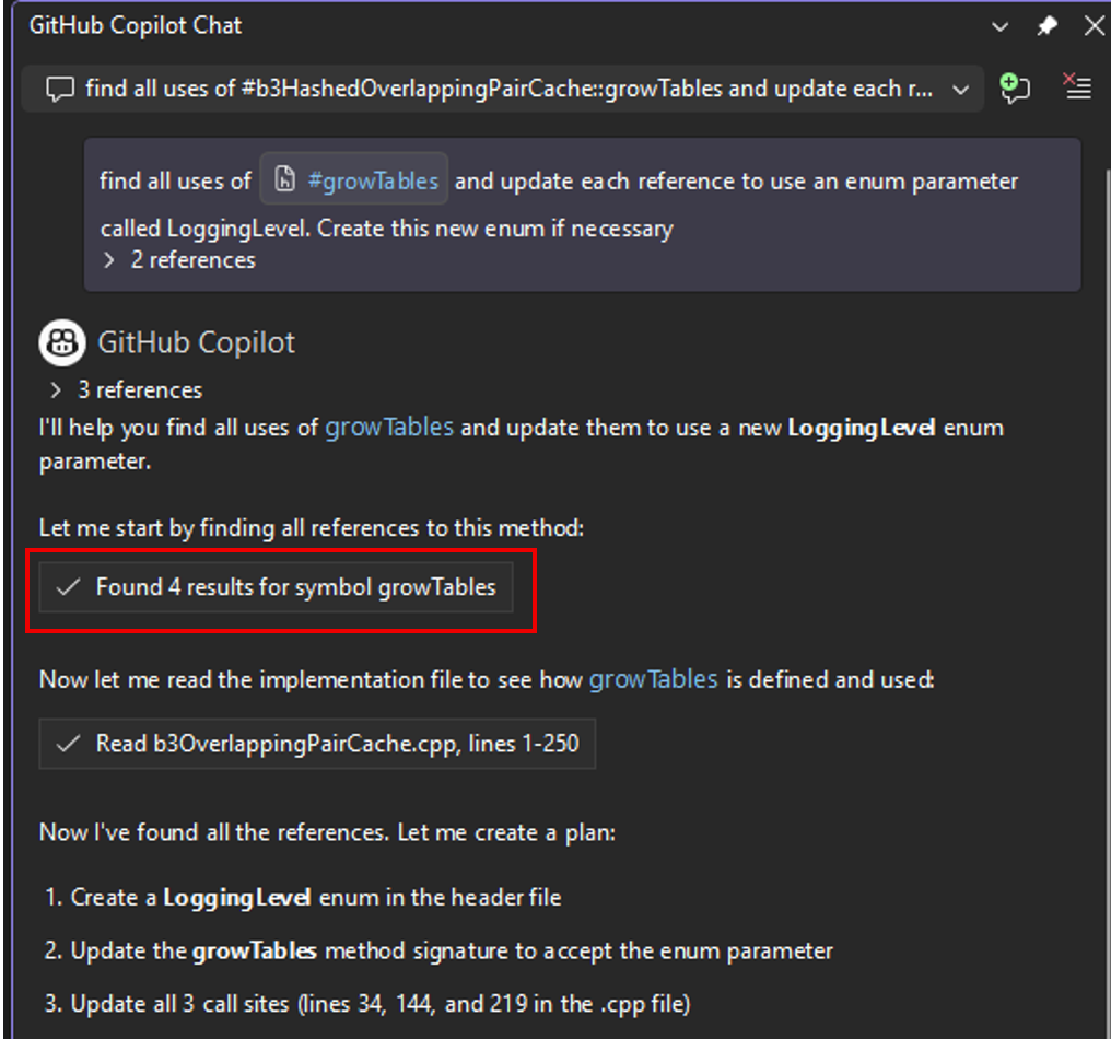Copilot이 find_symbol 도구를 사용하여 여러 파일에 걸쳐 코드를 분석하고 수정합니다