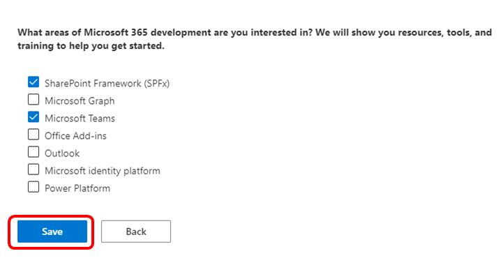 Microsoft 365 개발자 영역 선택