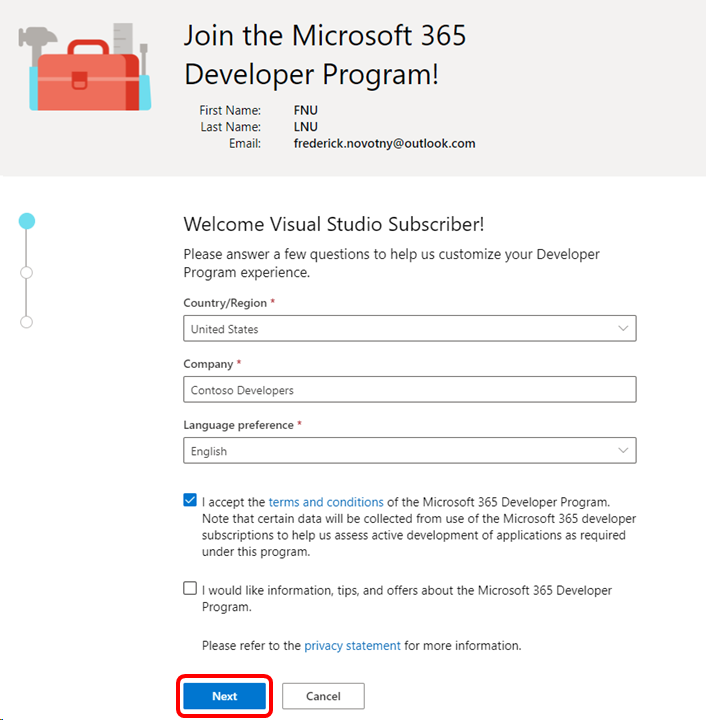 Microsoft 365 개발자 시작 화면