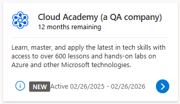 활성화 후 Visual Studio 구독에서 Cloud Academy 혜택 타일을 보여 주는 스크린샷