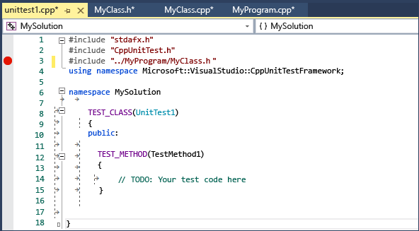 TEST_CLASS 및 TEST_METHOD 매크로를 사용하는 스텁 클래스와 메서드를 포함하는 unittest1.cpp 코드 파일을 보여 주는 테스트 탐색기 창의 스크린샷