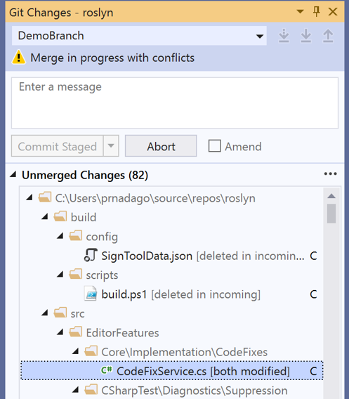 Visual Studio의 '병합이 진행 중이지만 충돌 발생' 메시지 
