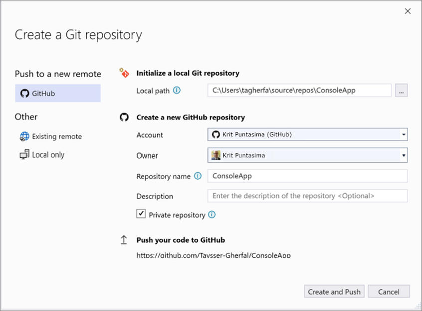 Visual Studio의 Git 리포지토리 만들기 대화 상자.