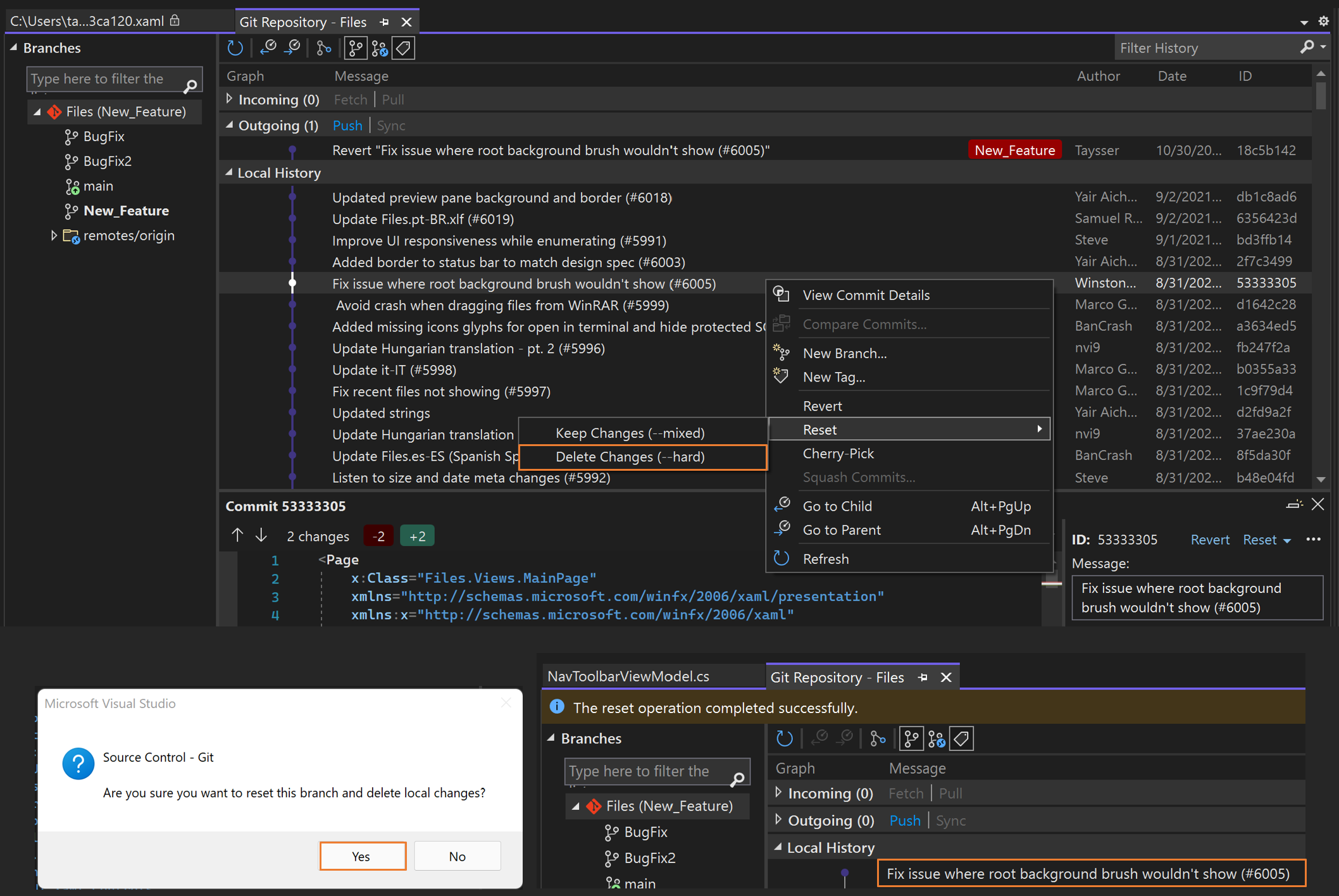 Visual Studio에서 분기 다시 설정을 보여 주는 스크린샷
