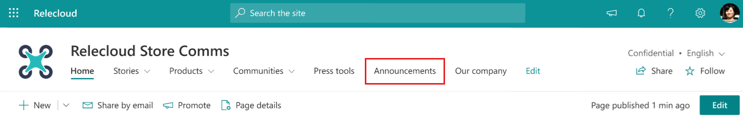 알림이 강조 표시된 SharePoint 탐색 모음을 보여 주는 스크린샷