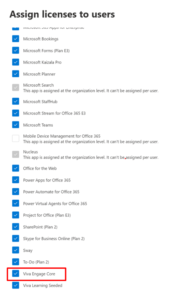 스크린샷은 할당할 수 있는 Viva Engage Enterprise 라이선스가 있는 Microsoft 365 관리 센터 라이선스 할당 섹션을 보여줍니다.