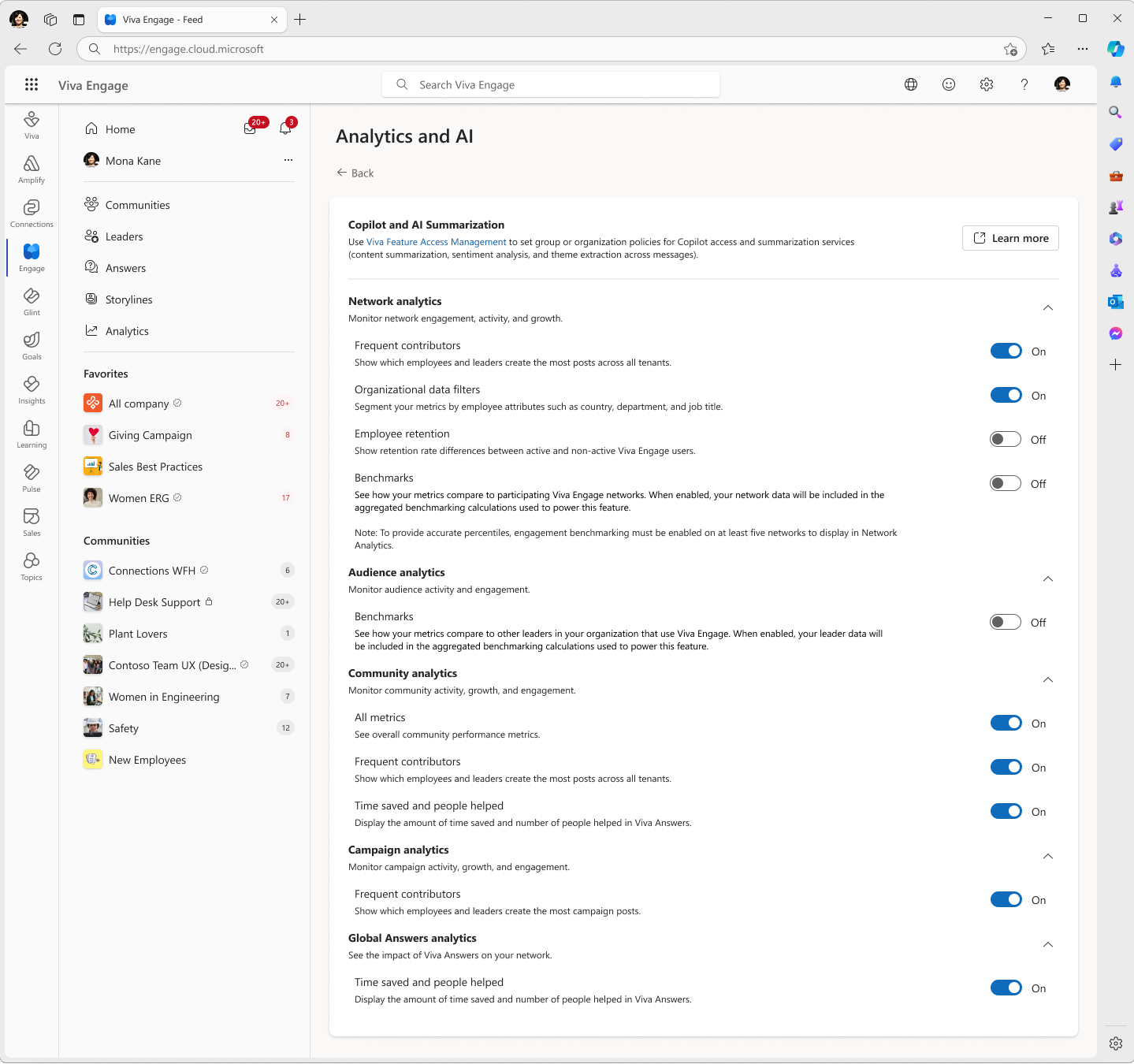 분석을 관리하는 설정의 스크린샷.