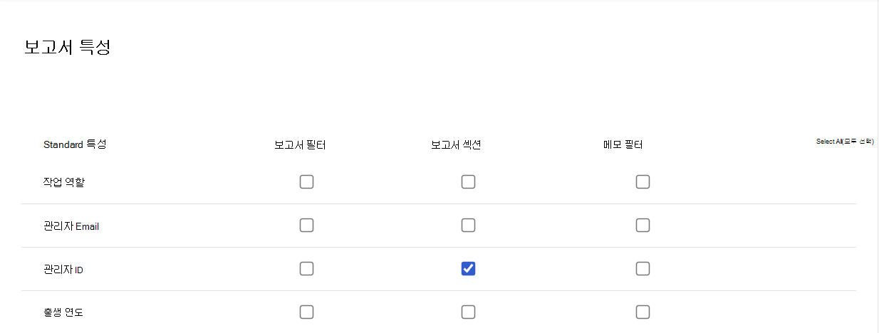 역할의 보고서 특성에서 선택한 관리자 ID의 스크린샷