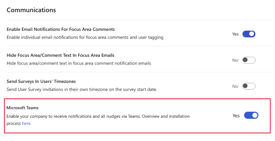 일반 설정에서 예로 전환된 Microsoft Teams 토글의 스크린샷.