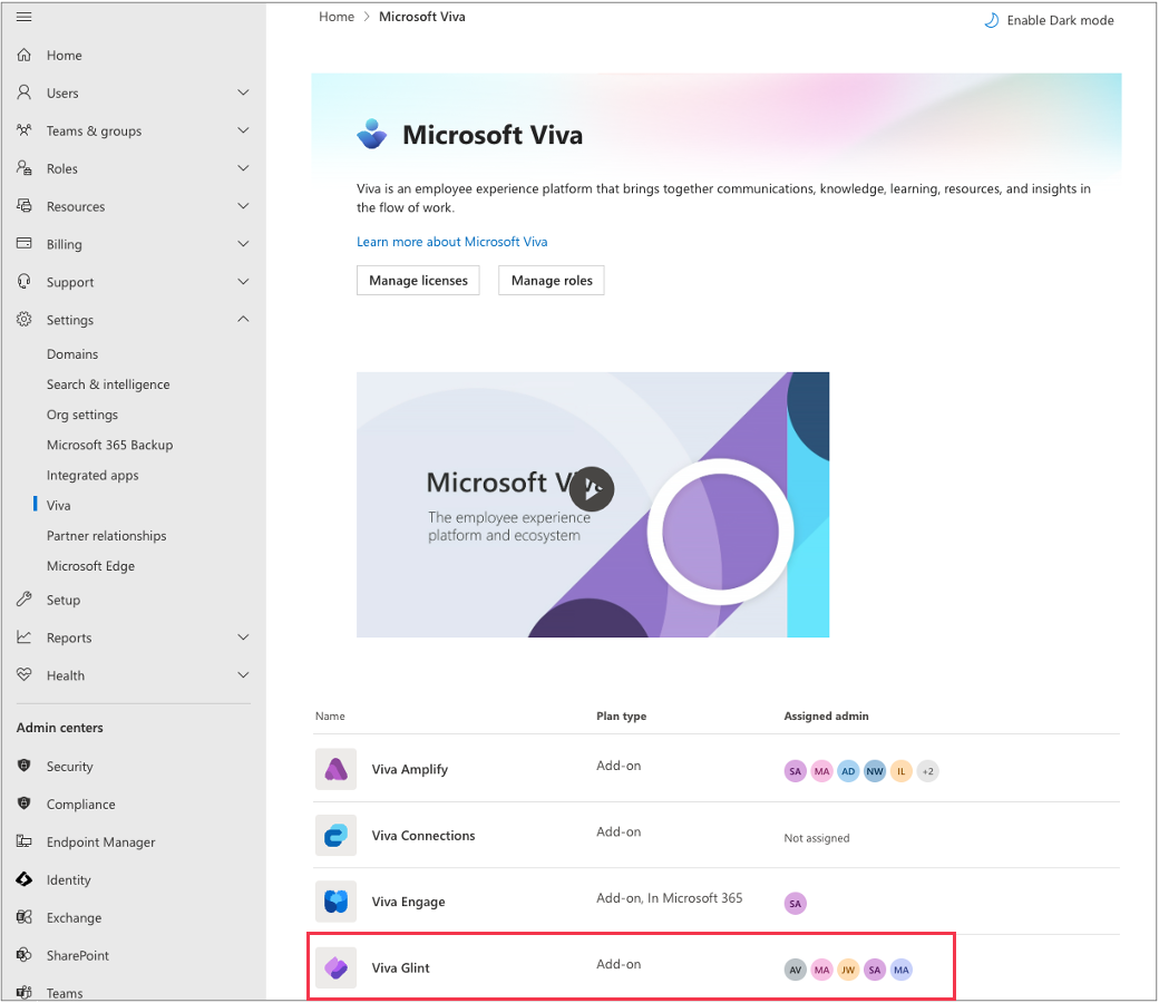 Microsoft 관리 센터의 Viva Glint 스크린샷