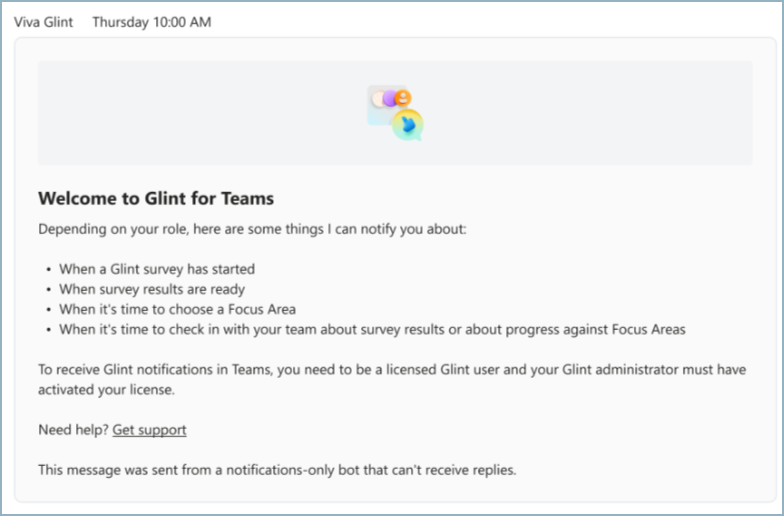 Viva Glint가 Microsoft Teams에 설치될 때 사용자가 받는 Teams 메시지의 스크린샷.