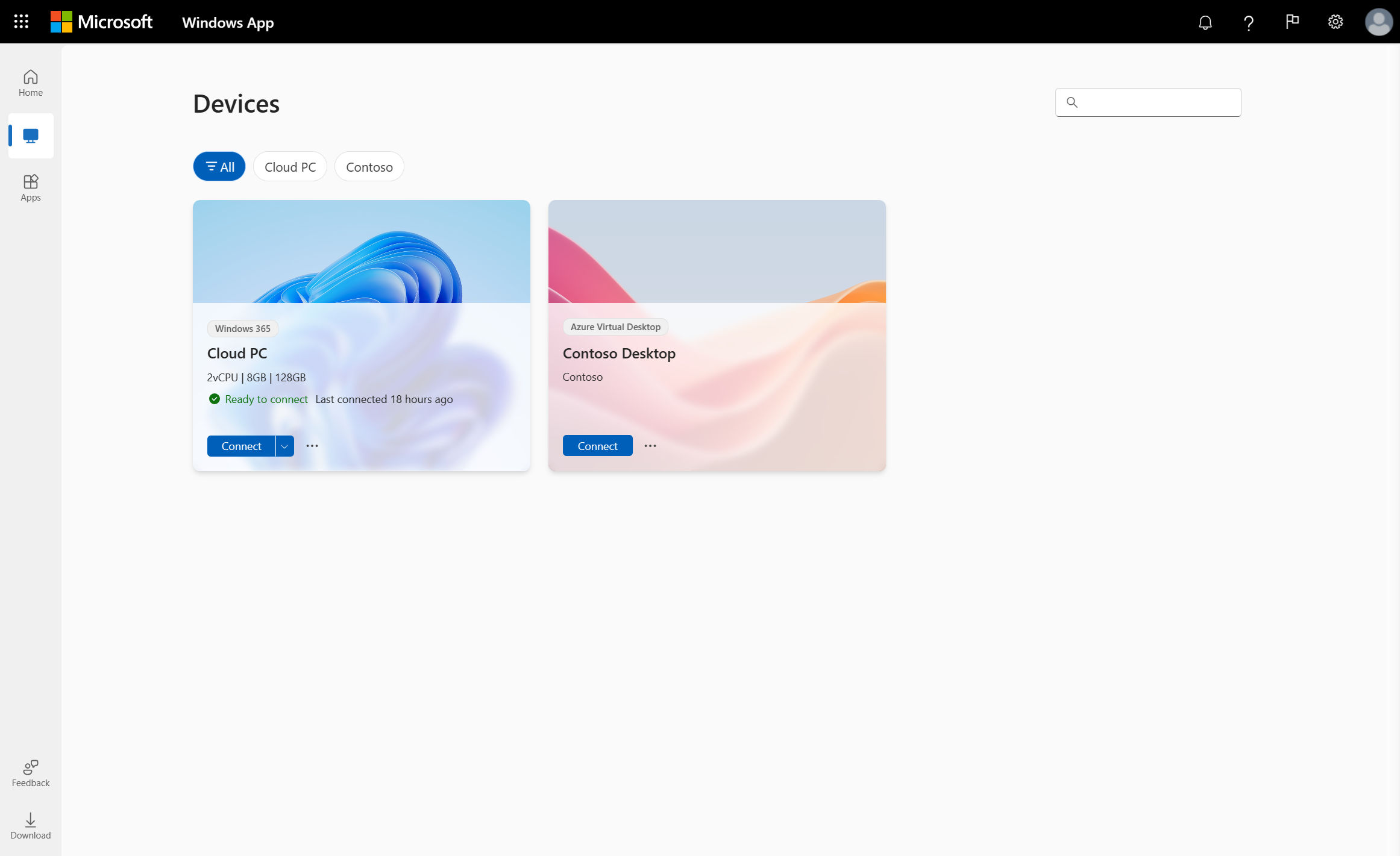 Azure Virtual Desktop을 사용하는 웹 브라우저의 Windows 앱에 대한 디바이스 탭을 보여 주는 스크린샷