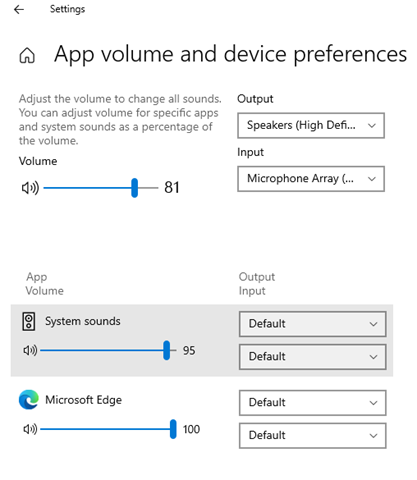 Windows 10의 앱 볼륨 및 디바이스 기본 설정 페이지 스크린샷