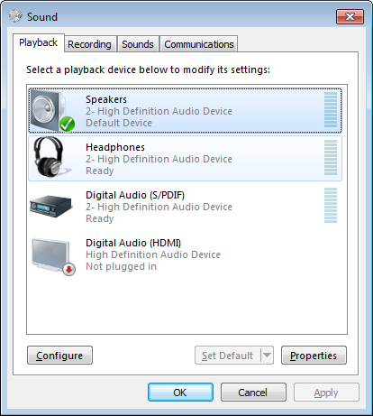 Windows 7의 제어판 소리 애플리케이션 대화 상자 스크린샷
