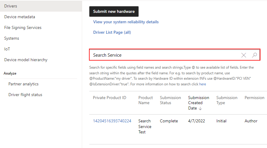 검색 텍스트 상자에 'Search Service'가 입력된 하드웨어 dashboard 드라이버 페이지의 스크린샷