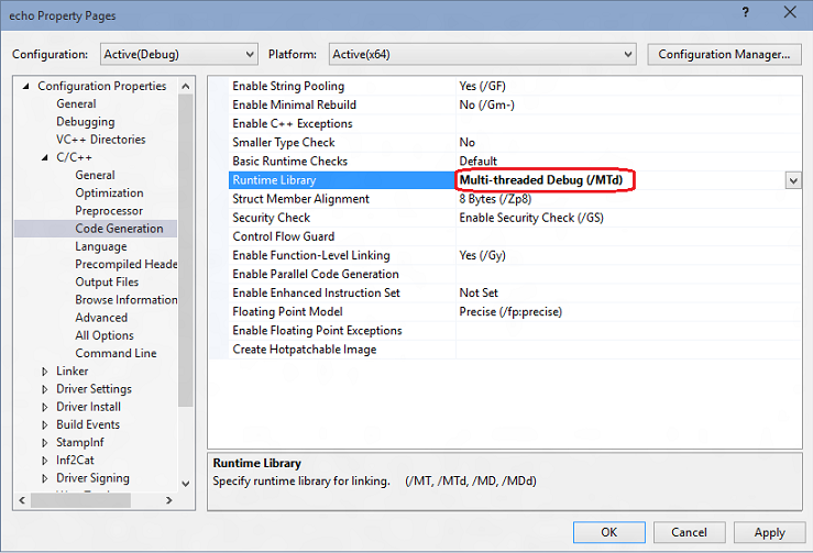 런타임 라이브러리 설정을 강조 표시하는 Visual Studio의 Echo 속성 페이지 스크린샷