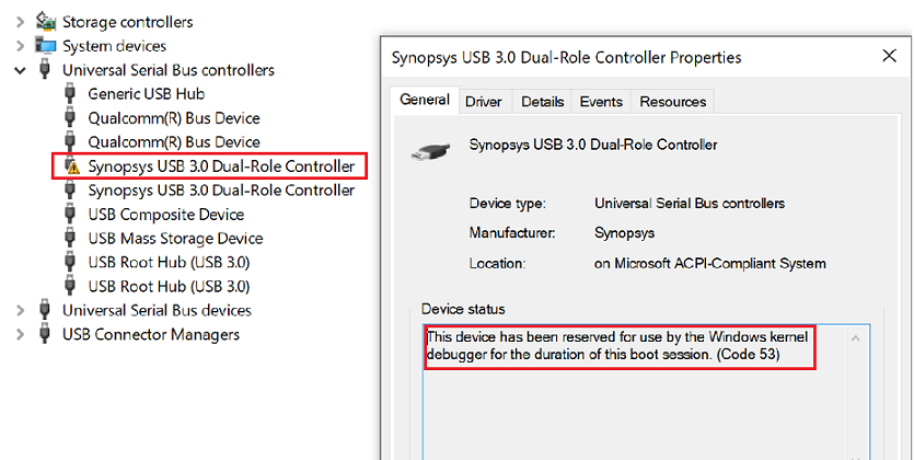 컨트롤러가 예약되었음을 나타내는 Synopsys USB 3.0 Dual-Role 컨트롤러가 있는 USB 노드를 표시하는 장치 관리자 스크린샷