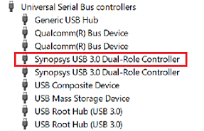 Synopsys USB 3.0 Dual-Role 컨트롤러가 강조 표시된 USB 노드를 표시하는 장치 관리자 스크린샷