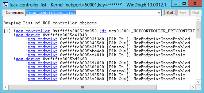 USB 3.0 호스트 컨트롤러, 연결된 디바이스 및 엔드포인트를 표시하는 !ucx-controller-list 명령 출력의 스크린샷.