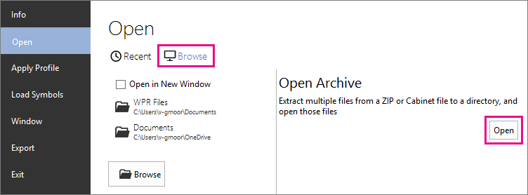 WPA의 서식 있는 메뉴에서 보관 파일 명령 열기