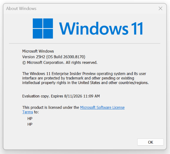 winver 명령을 실행하여 디바이스가 켜져 있는 빌드 26300.8170을 강조 표시하는 Windows 정보 모듈을 보여 주는 스크린샷