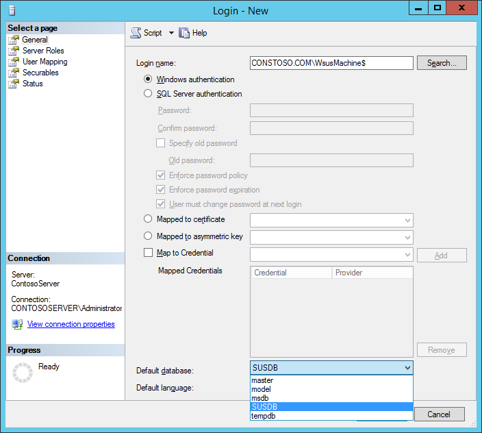 FQDN이 Contosto.com**이고 WSUS 장치 이름이 WsusMachine임을 보여주는 로그인 대화 상자의 스크린샷