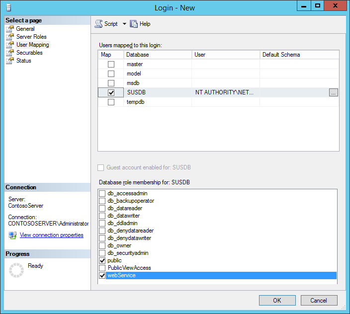 로그인 대화 상자의 사용자 매핑 페이지 스크린샷. 공용 및 webService 옵션이 선택된 것을 보여줍니다.