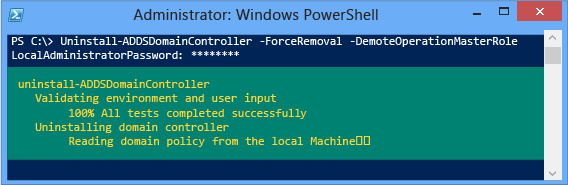 Screenshot of a terminal window that shows an example of forcibly demoting with its minimal required arguments of -forceremoval and -demoteoperationmasterrole.