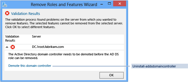 Remove Roles and Features Wizard - Validation