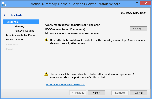 Active Directory Domain Services Configuration Wizard - Credentials Force removal