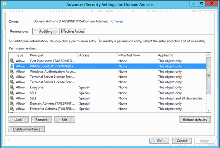 Screenshot that shows how to open the Advanced Security Settings for Domain Admins dialog box.