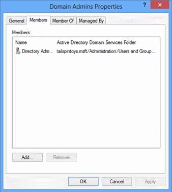 Screenshot that shows the Members tab in the Domain Admins Properties dialog box.
