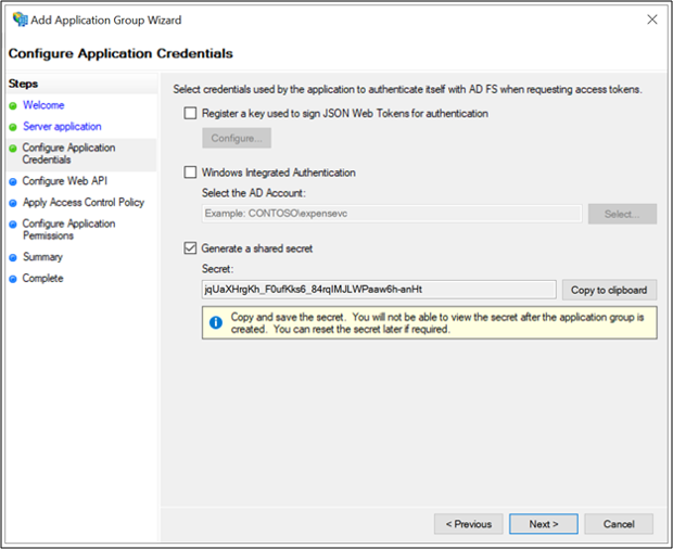 선택한 공유 비밀 생성 옵션과 생성된 공유 비밀이 채워진 것을 보여주는 애플리케이션 그룹 추가 마법사의 애플리케이션 자격 증명 애플리케이션 구성 페이지의 스크린샷.