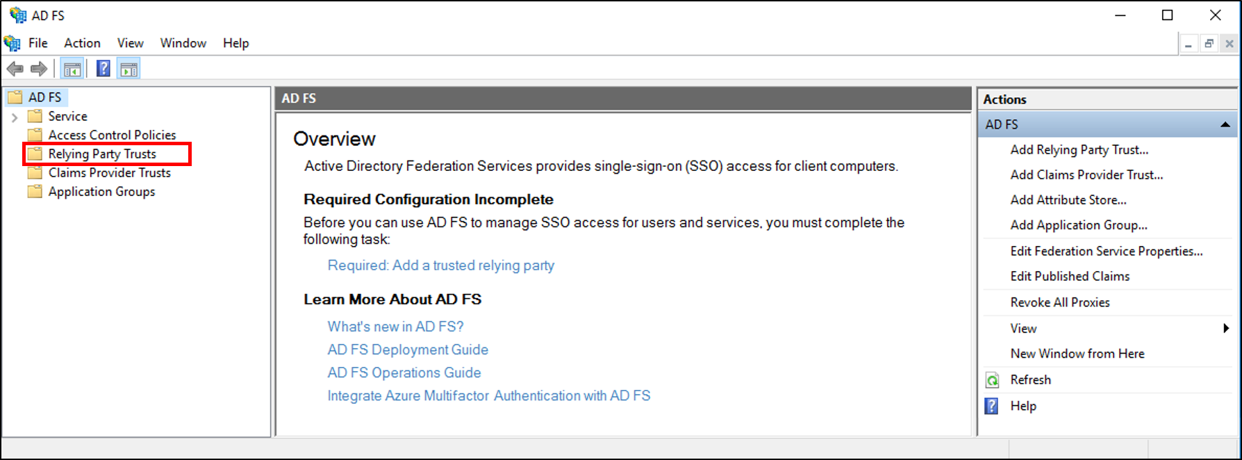 Screenshot that shows where to select Relying Party Trusts in the console tree when you create a rule to pass through or filter an incoming claim on a Relying Party Trust in Windows Server 2016.