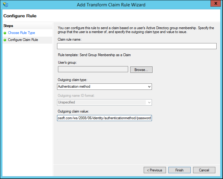 Screenshot that shows where to select Finish when you create a rule by using the Send Group Membership as Claims rule template.